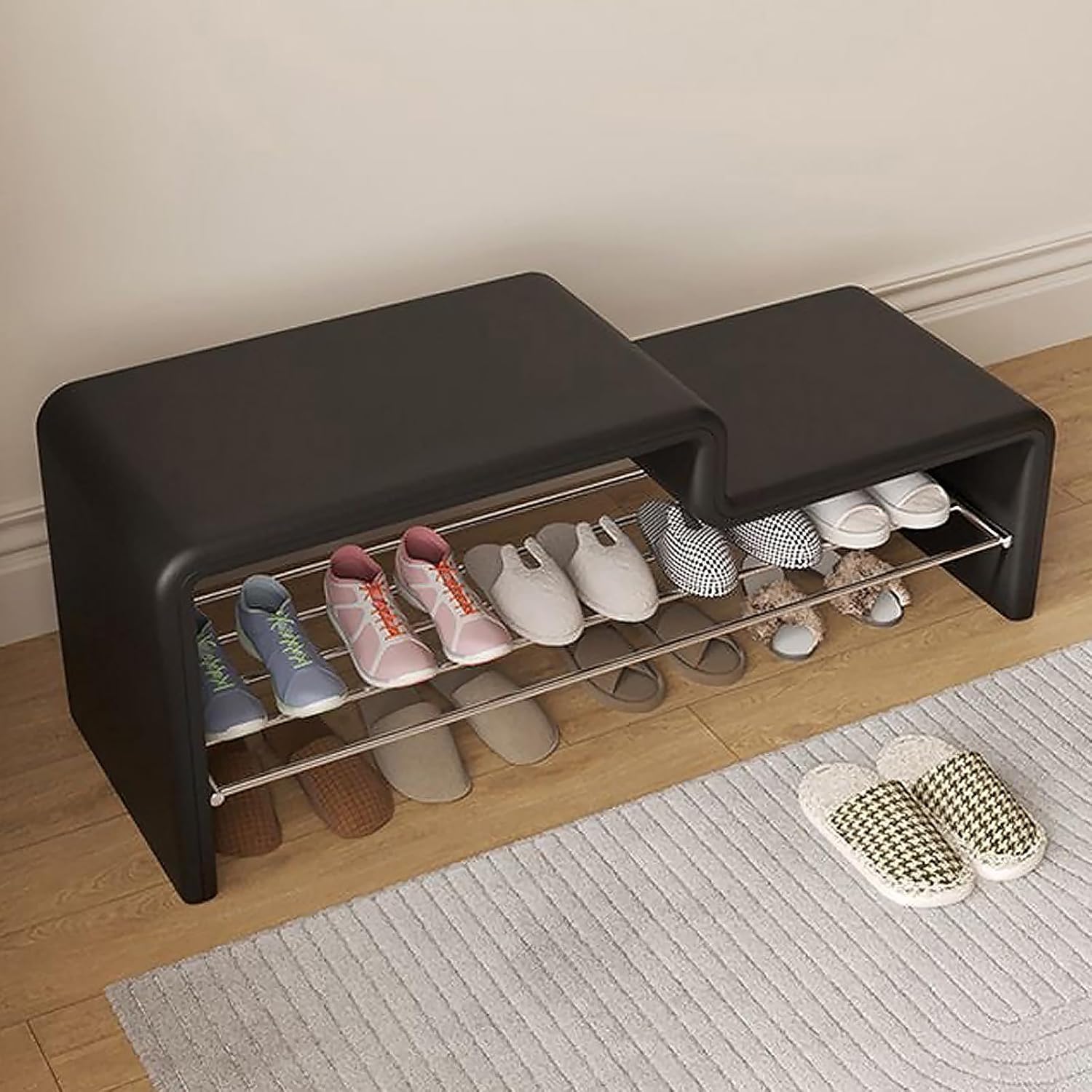 Entryway Shoe Storage Bench with PU Leather Upholstered Seat, Metal Frame End of Bed Ottoman Bench for Bedroom Entry Window Mudroom Living Room, Black