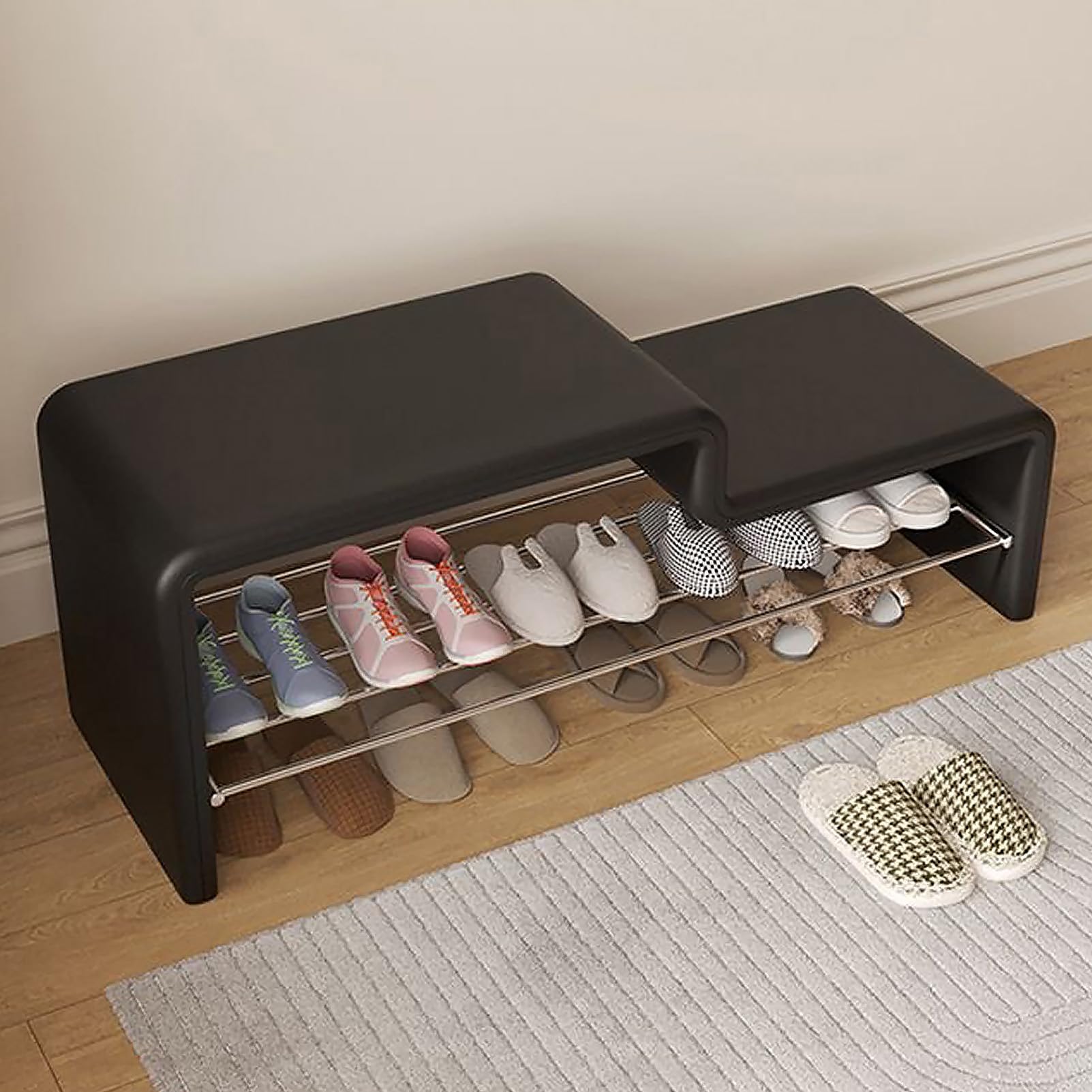 Banc de rangement à chaussures MARIYCH noir avec pouf intégré en cuir et métal