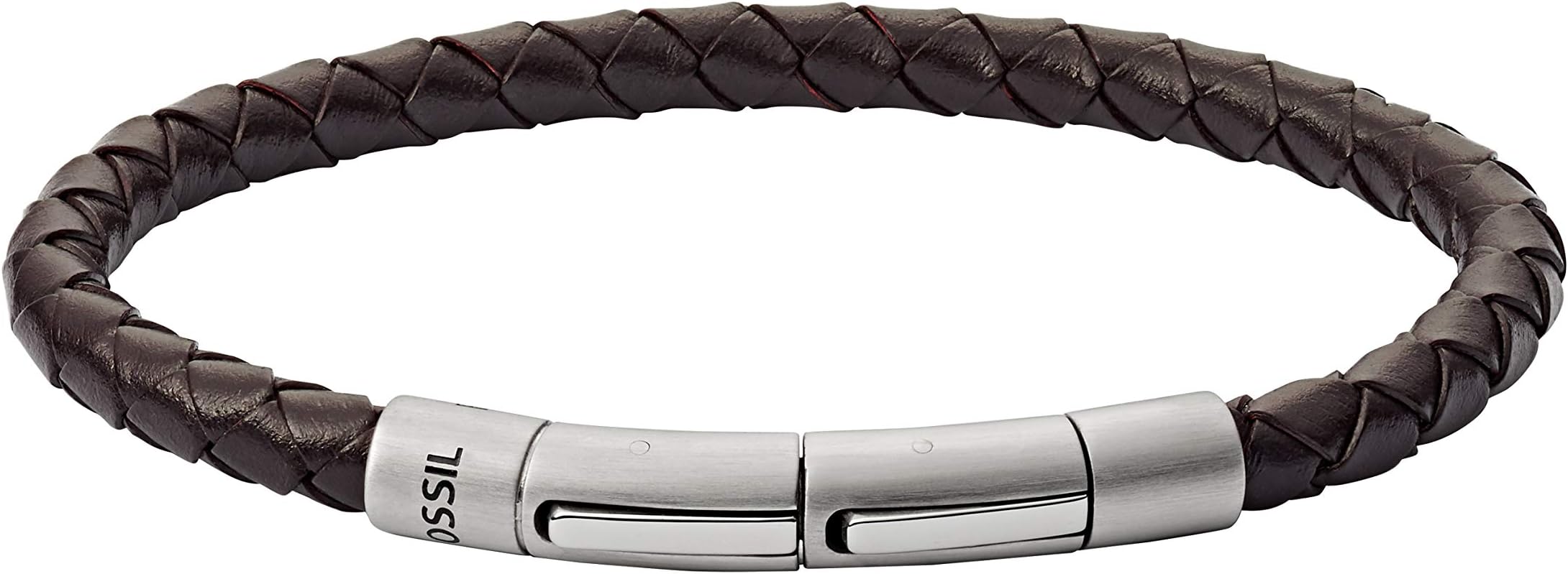 Fossil Braided Leather Cord Bracelet, Brown Braided, Silver, Inner Length: 180mm + 15mm Extender (JF03187040)