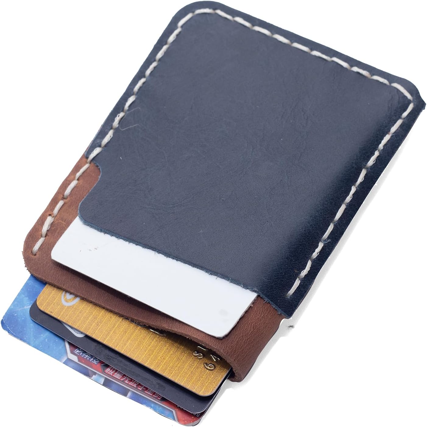 Slim Leather Card Holder Wallet, Minimalist Front Pocket Design, Navy Blue and Brown - Image 8