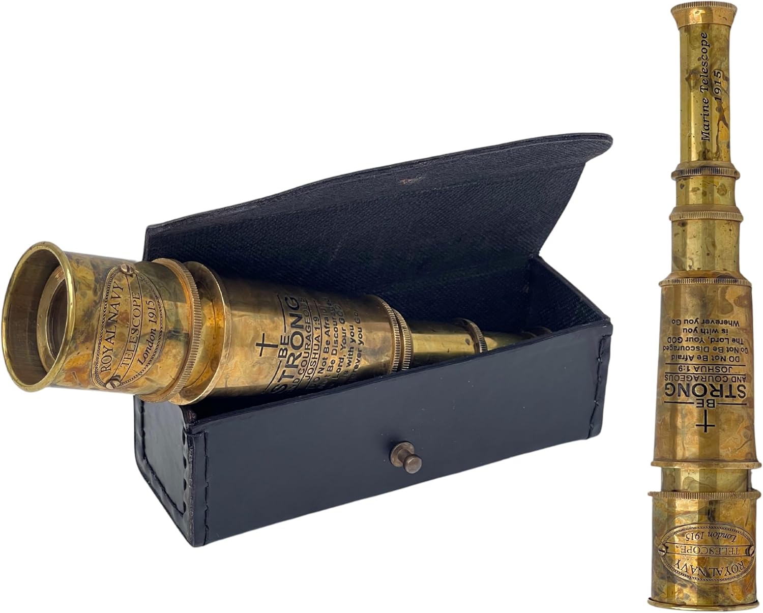 16" Spyglass Nautical Handheld Brass Telescope with Box/Case Religious Gifts for Boys - Engraved with Quote JOSHUA 1:9 - Be Strong & Courageous Meaningful Catholic Christian Gifts with Holy Cross