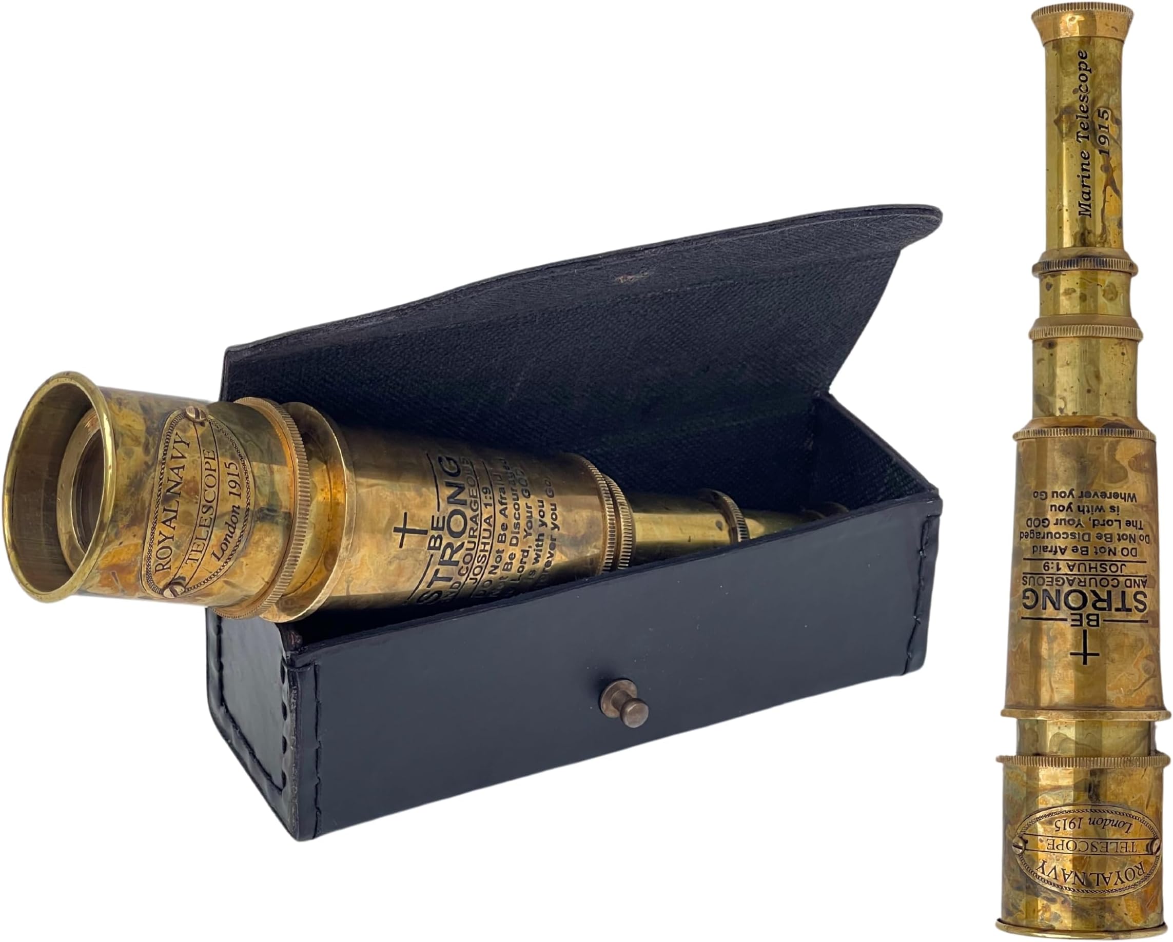 16" Spyglass Nautical Handheld Brass Telescope with Box/Case Religious Gifts for Boys - Engraved with Quote JOSHUA 1:9 - Be Strong & Courageous Meaningful Catholic Christian Gifts with Holy Cross