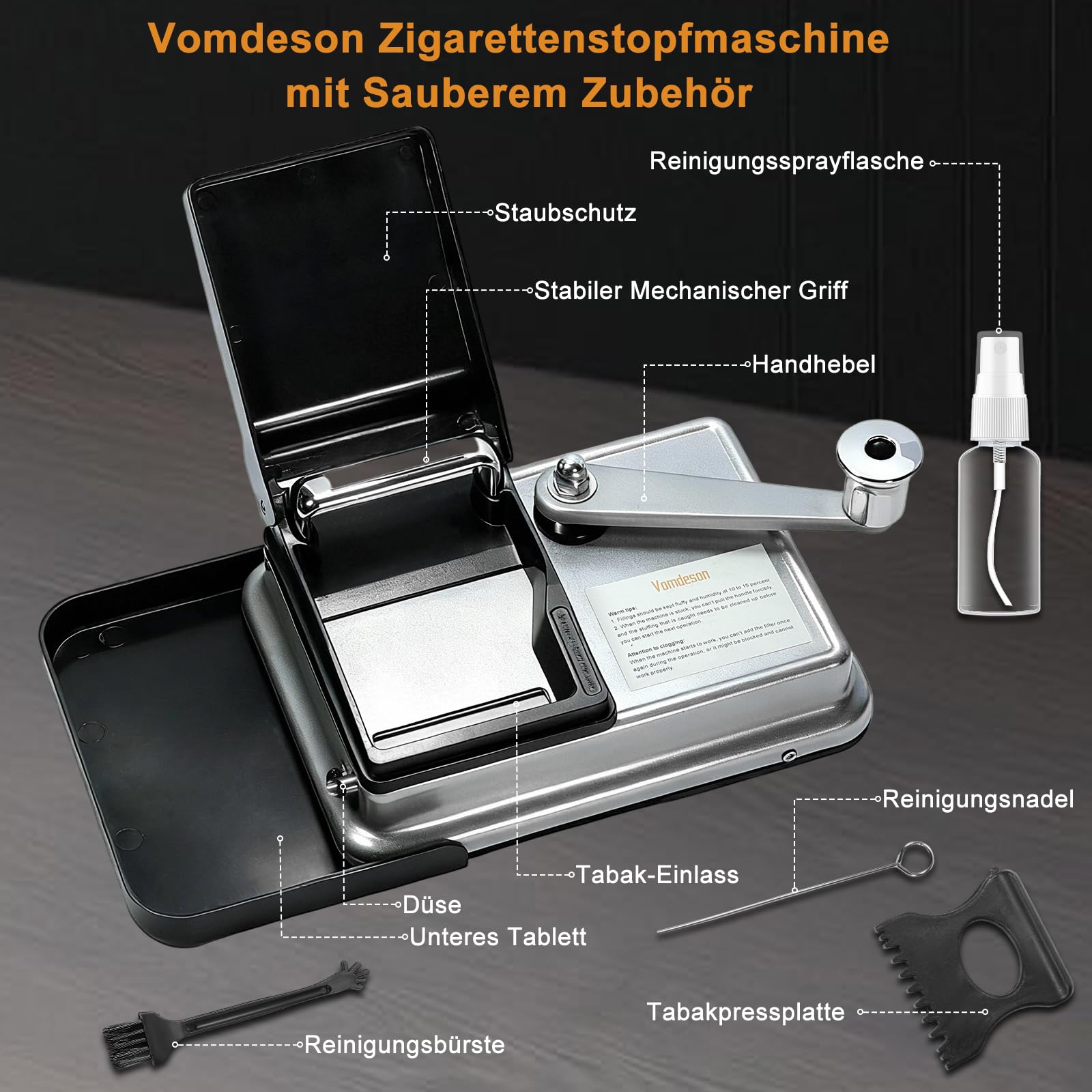 Zigarettenstopfmaschine, Vomdeson 8mm Durchmesser Manuell Stopfmaschine für Zigaretten, Cigarette Rolling Machine, mit Zigarettenetui und Zubehör