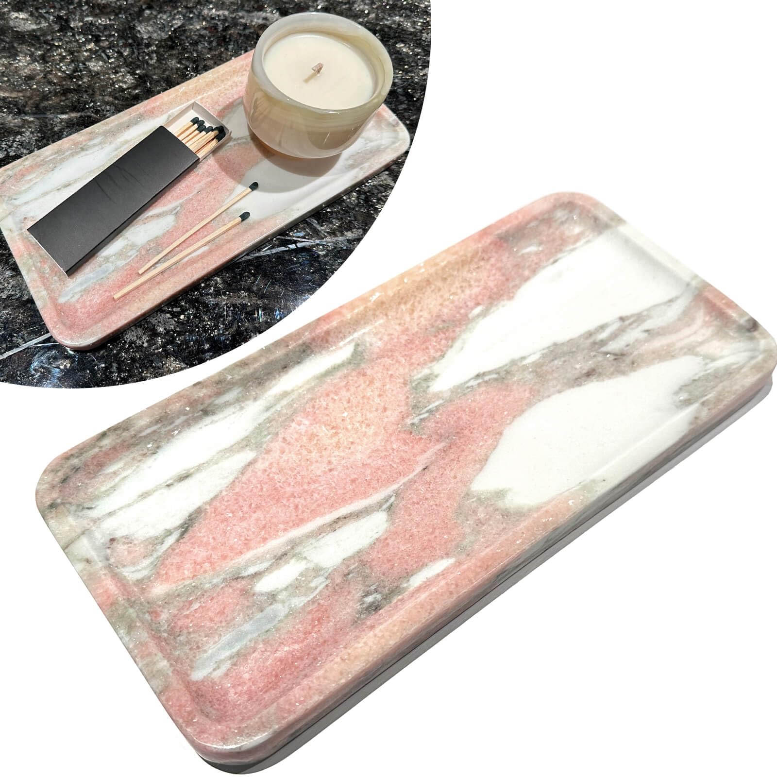 Bandeja de mármol rosa natural de lujo rectangular de 27x13 cm de piedra pulida