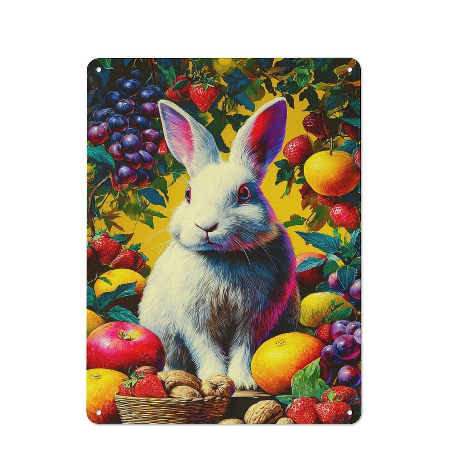 Junmoney Rabbit Surrounded By Fruits Metal Wall Sign 40X30cm Featuring For Living Room Wall, For Metal Sign Collectors, For Garage And Workshop Walls