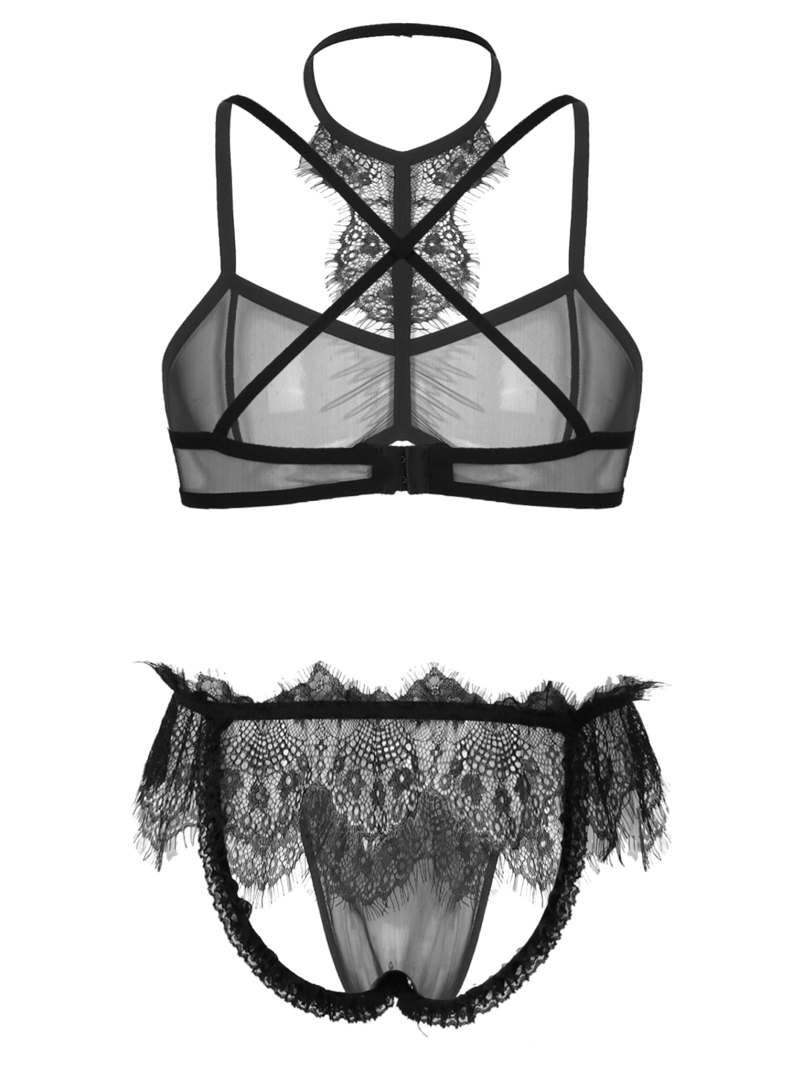 Ensembles Sissy Lingerie Hommes Soutien Gorge Transparen String Jockstrap Dentelle sous Vêtements Nightwear Noir XXL
