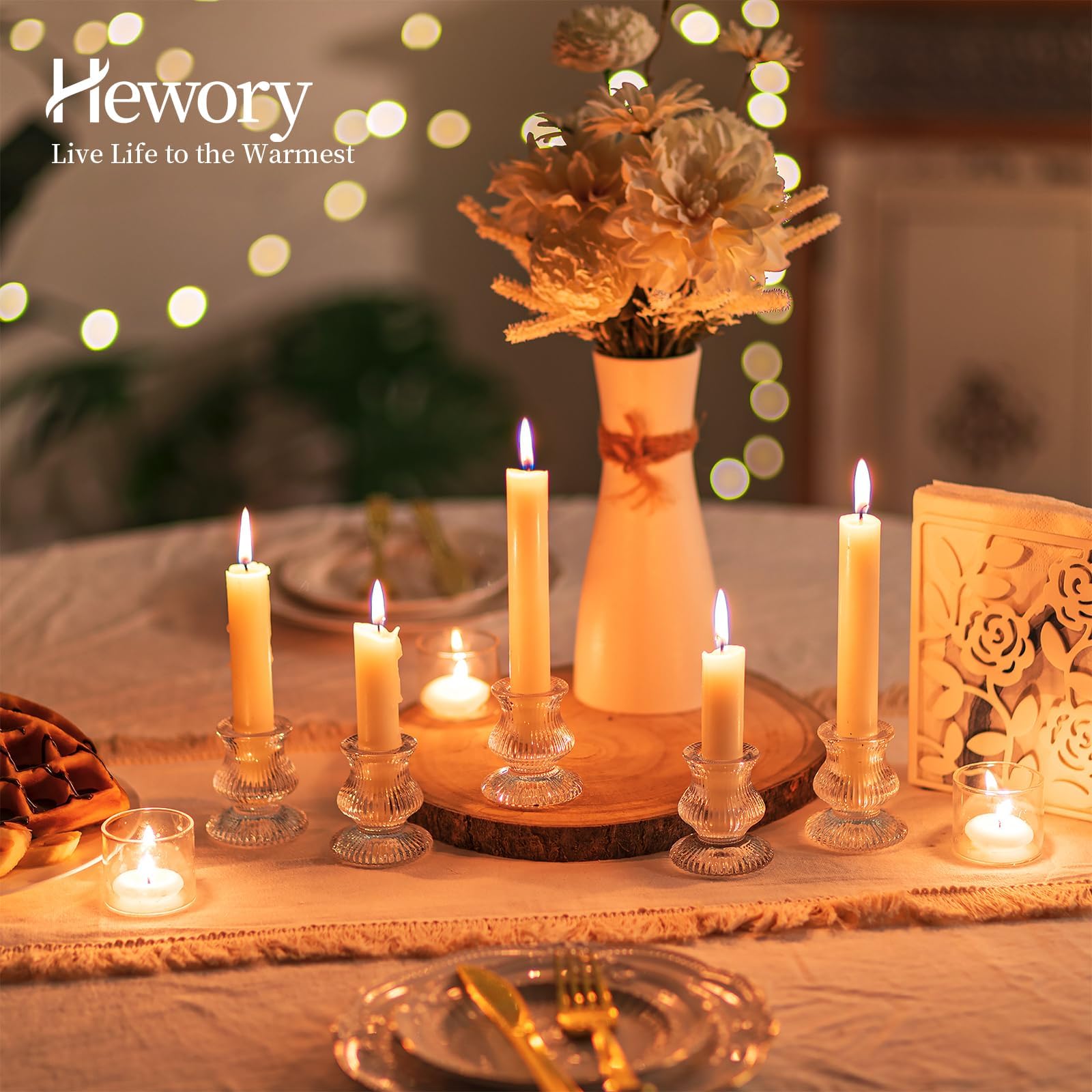 Hewory Glass Taper Candle Holders: 10PCS Clear Candle Holder Candlestick Holders, Crystal Ribbed Candle Sticks Holder Decor for Table Centerpiece Wedding Advent Wreath Christmas Thanksgiving Dinner