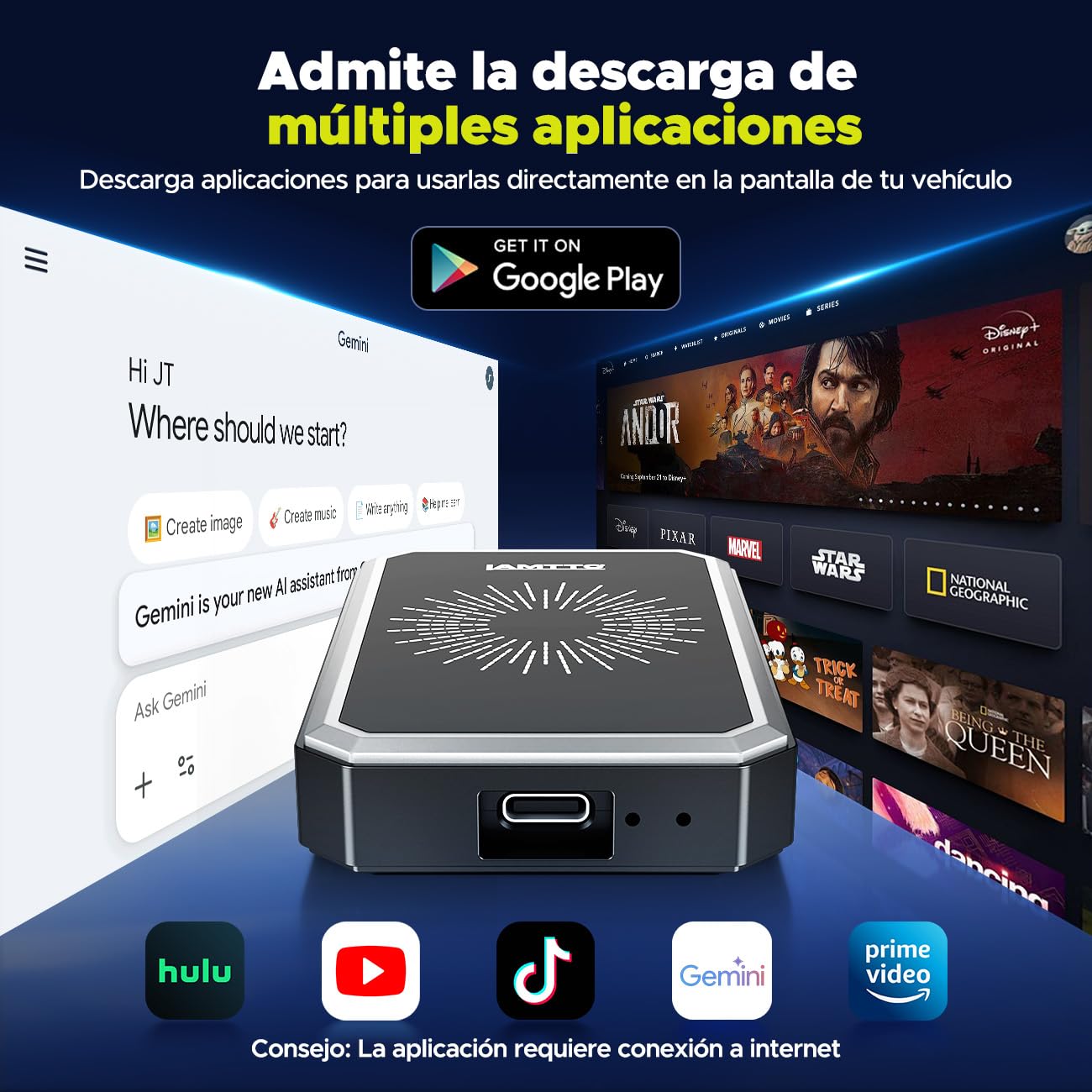 LAMTTO Adaptador CarPlay Inalámbrico AI Box con Google Play Store, Descarga de Apps y Gemini AI, CarPlay y Android Auto Inalámbricos, Netflix YouTube HDMI AirPlay Reproducción USB WiFi Doble Banda OTA