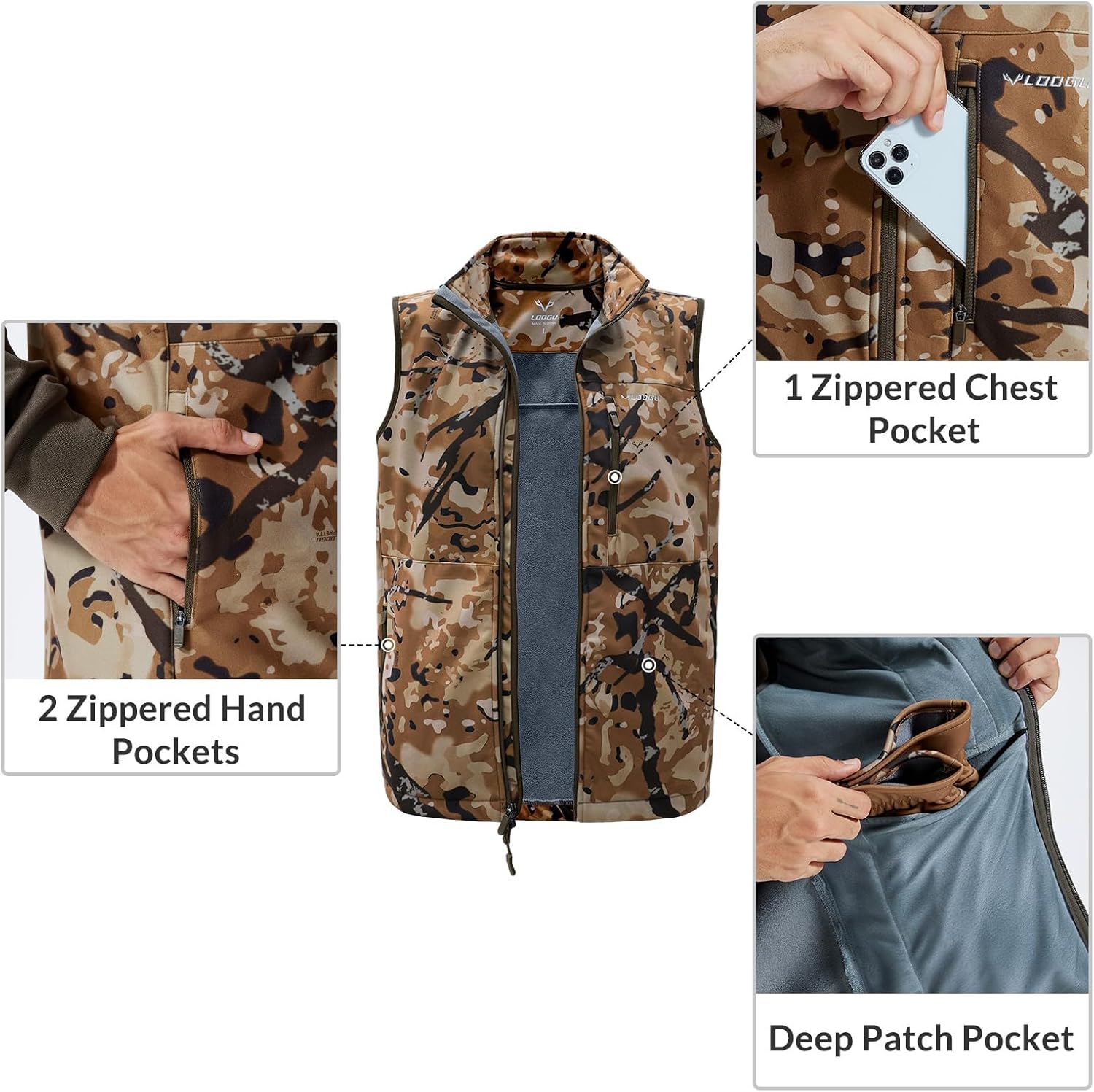 LOOGU Mens Camo Hunting Vest Water-Resistant Sleeveless Jacket with Pockets for Outdoor Fishing Hiking