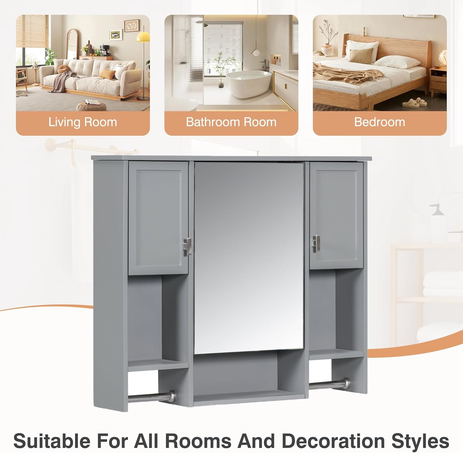 Linique Medicine Cabinet with Mirror, Shelves, 2 Towel Bars, Modern Wall-Mounted Bathroom Storage Cabinet with 3 Doors, Grey