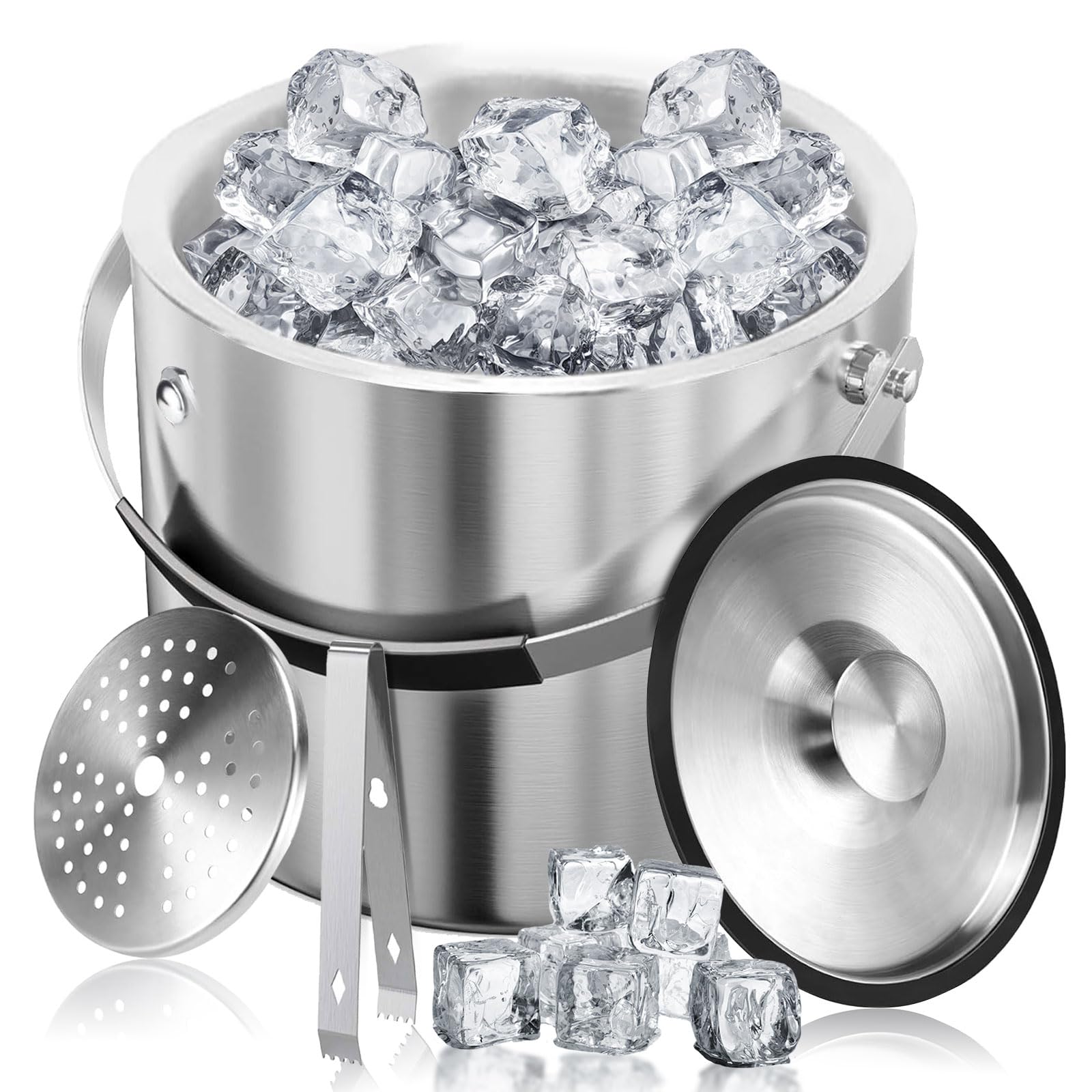 Contenitore per ghiaccio in acciaio inox, 3 l, con coperchio ermetico, colino e pinza per ghiaccio, a doppia parete, ideale per raffreddare birra, champagne e frutta
