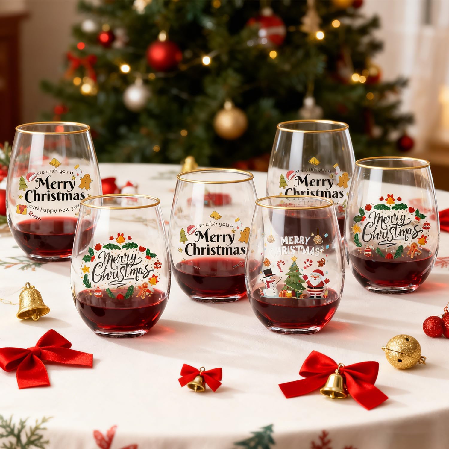 20OZ Christmas Wine Glasses Cups Set, 6pack - Merry Christmas Designs with Gold Rim, Thoughtful Gift for Family & Friends, Ideal for Holiday Parties & Winter Celebrations - Image 5