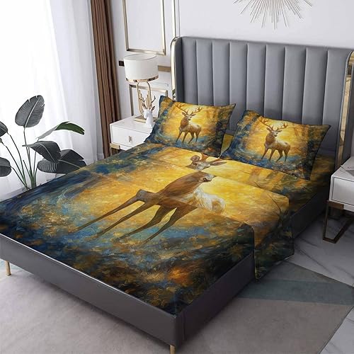 Sábanas de ciervo tamaño Queen, sábanas de animales, sábanas y fundas de almohada estampadas de 4 piezas, sábana bajera ajustable de microfibra
