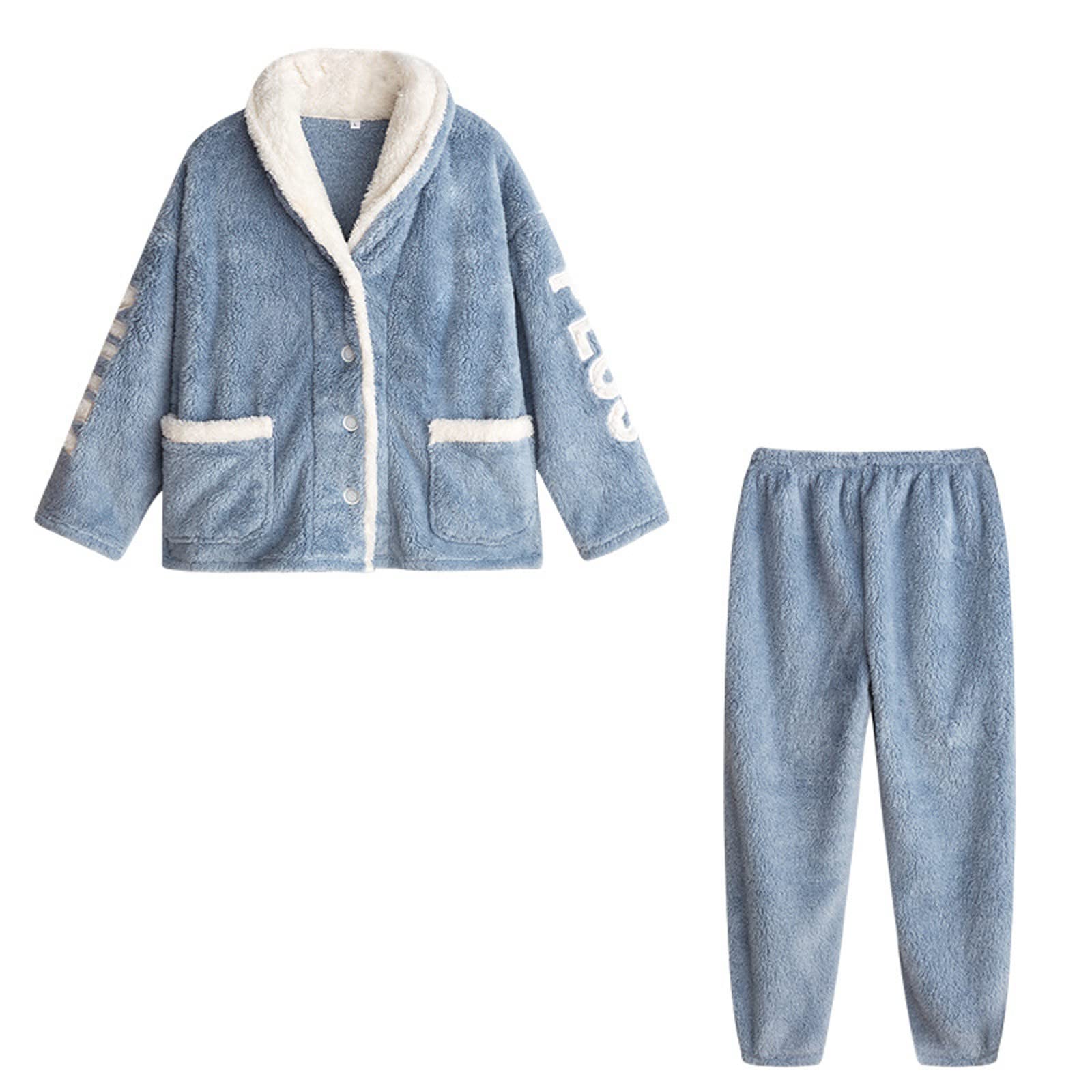 Conjunto de pijama cálido y suave para mujer, pijama de forro polar con botones para invierno y otoño, conjunto de pijama cómodo de algodón para invierno y otoño