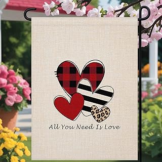 Welcome day Garden Flag for Outside Valentines Love Hearts on Burlap Holiday Yard Flag Double Sided, Lattice Stripe Leopard Sweetheart Outdoor Seasonal Flag for Patio, Porch, Lawn Decoration, 28x40in