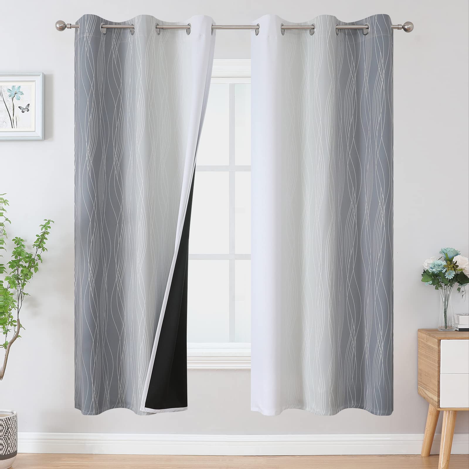 Estelar Textiler Full Room Darkening Greyish White and Grey Blackout Curtains for Living Room, Ombre Thermal Insulated Full Light Blocking Grommet
