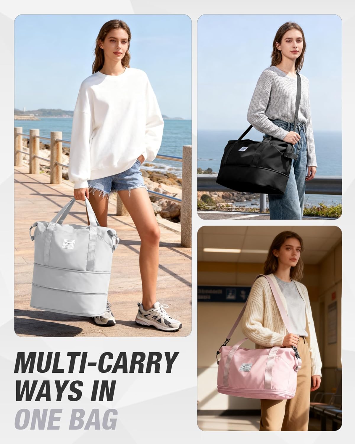 Expandable Travel Duffle Bag for Women Men, Large Gym Bag Travel Tote Bags, Waterproof Carry On Personal Item Bag Airline Approved, Overnight Workout Weekender Bag with Luggage Sleeve, Light Grey - Image 2