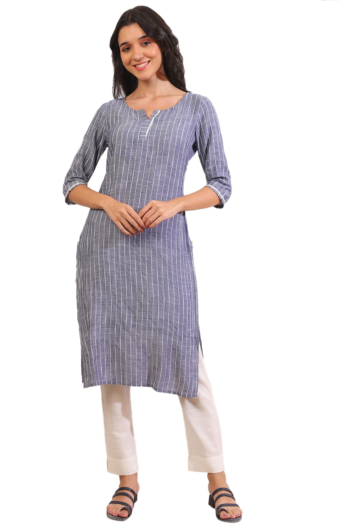 Aurelia Women's Grey Yarn Dyed Cotton Blend Straight Kurta in grey