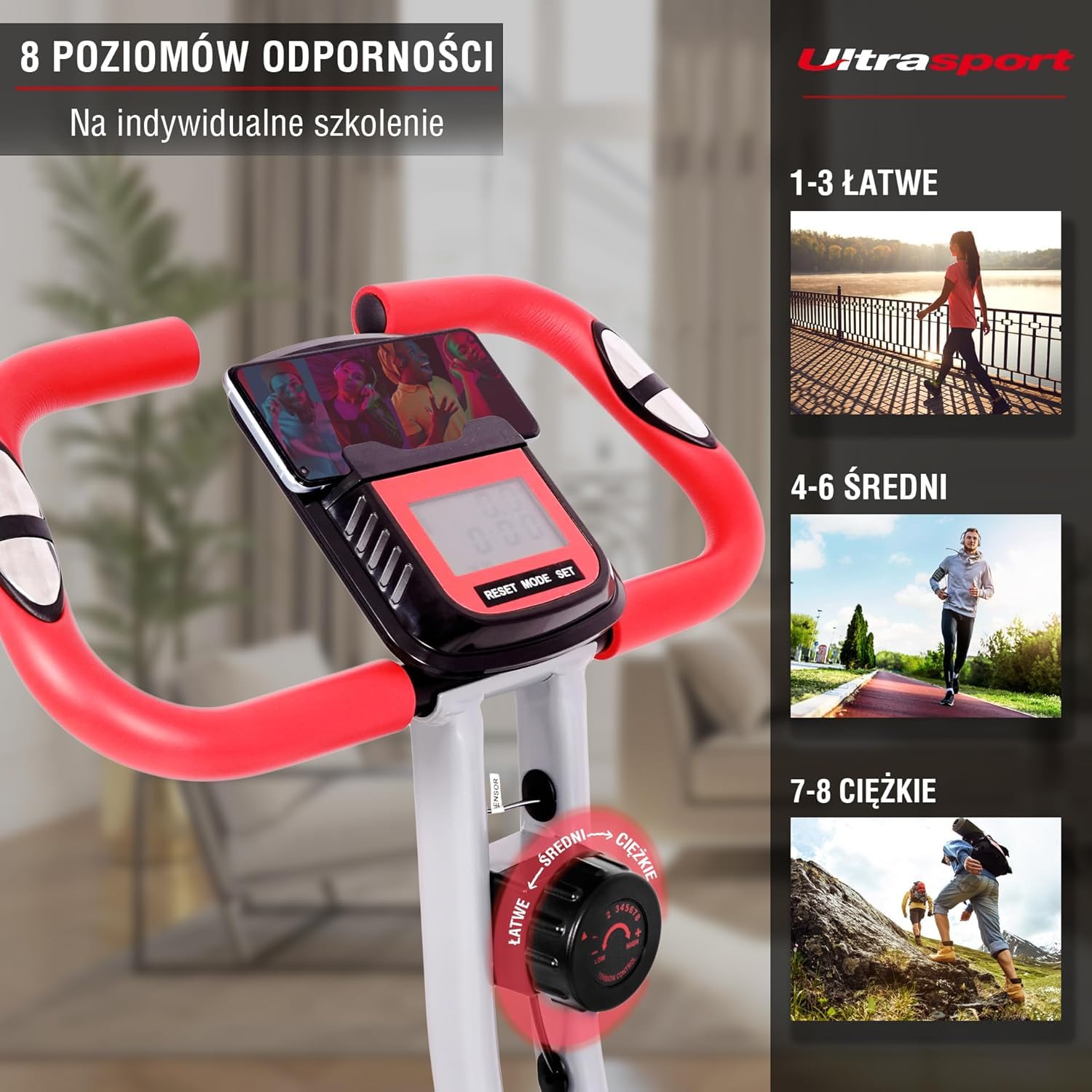Ultrasport F-Bike Curved rower treningowy składany, rower domowy, składany, z wygodnym siodełkiem, ergometr, rower domowy, rower fitness, czarno-czerwony