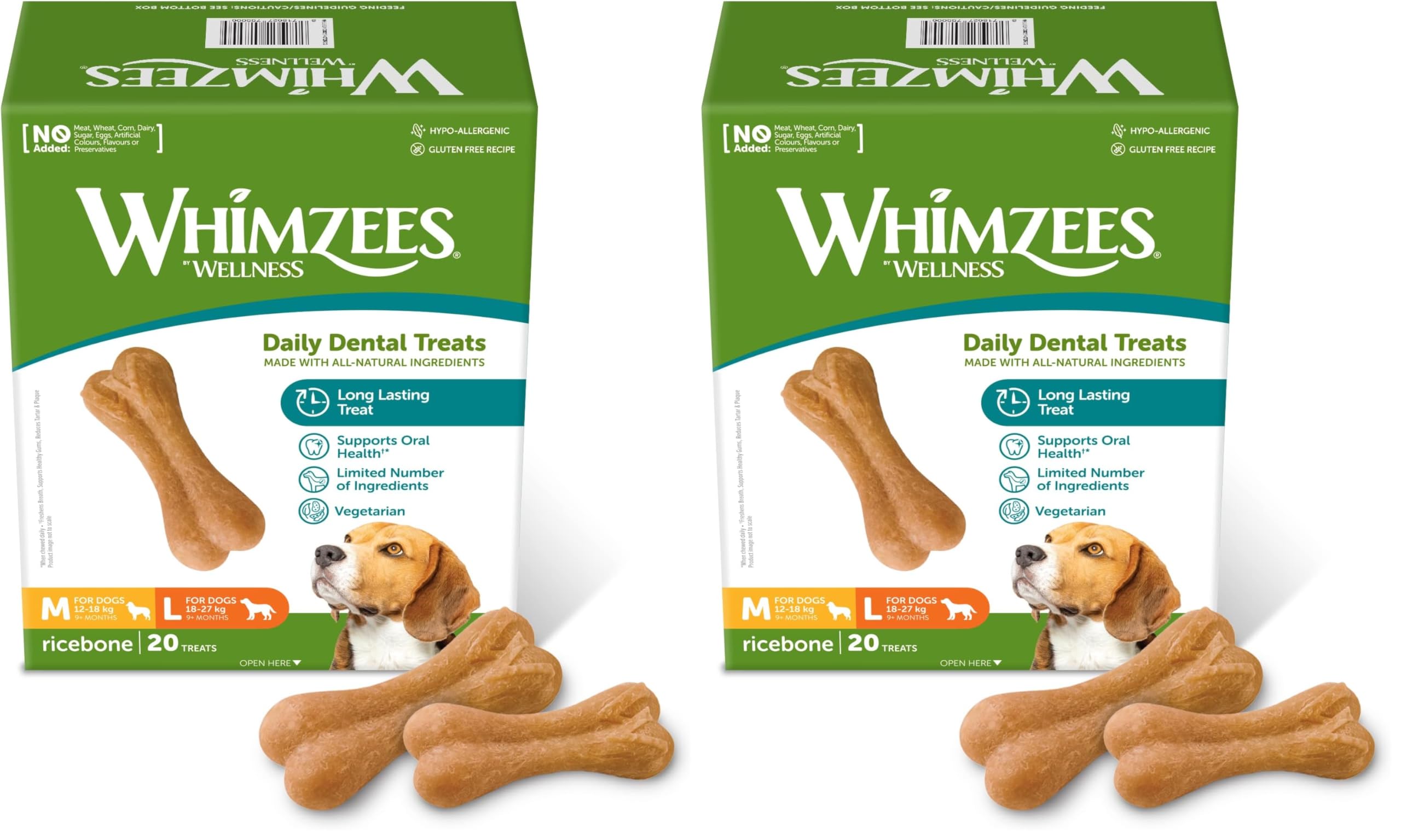 WHIMZEES by Wellness, Os de Riz à Mâcher pour Chien de Moyenne et Grande Taille, Friandises Naturelles pour l'Hygiène Bucco-Dentaire, Taille M/L, Boîte de 20 Pièces (Lot de 2)
