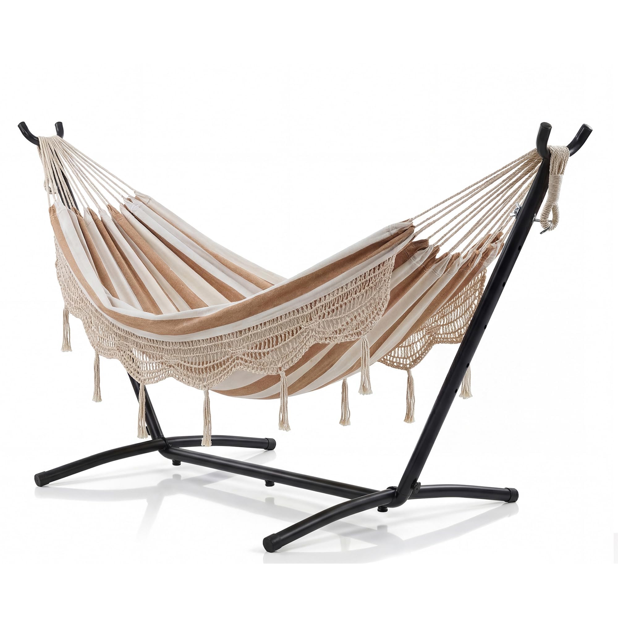 AffinityFurn Double Hammock with Heavy-Duty Steel Stand, 2 Person Boho Style Hammock with Tassel, 450 Lbs Capacity, 6 Adjustable Height, Indoor Outdoor Hammock for Patio Pool Backyard
