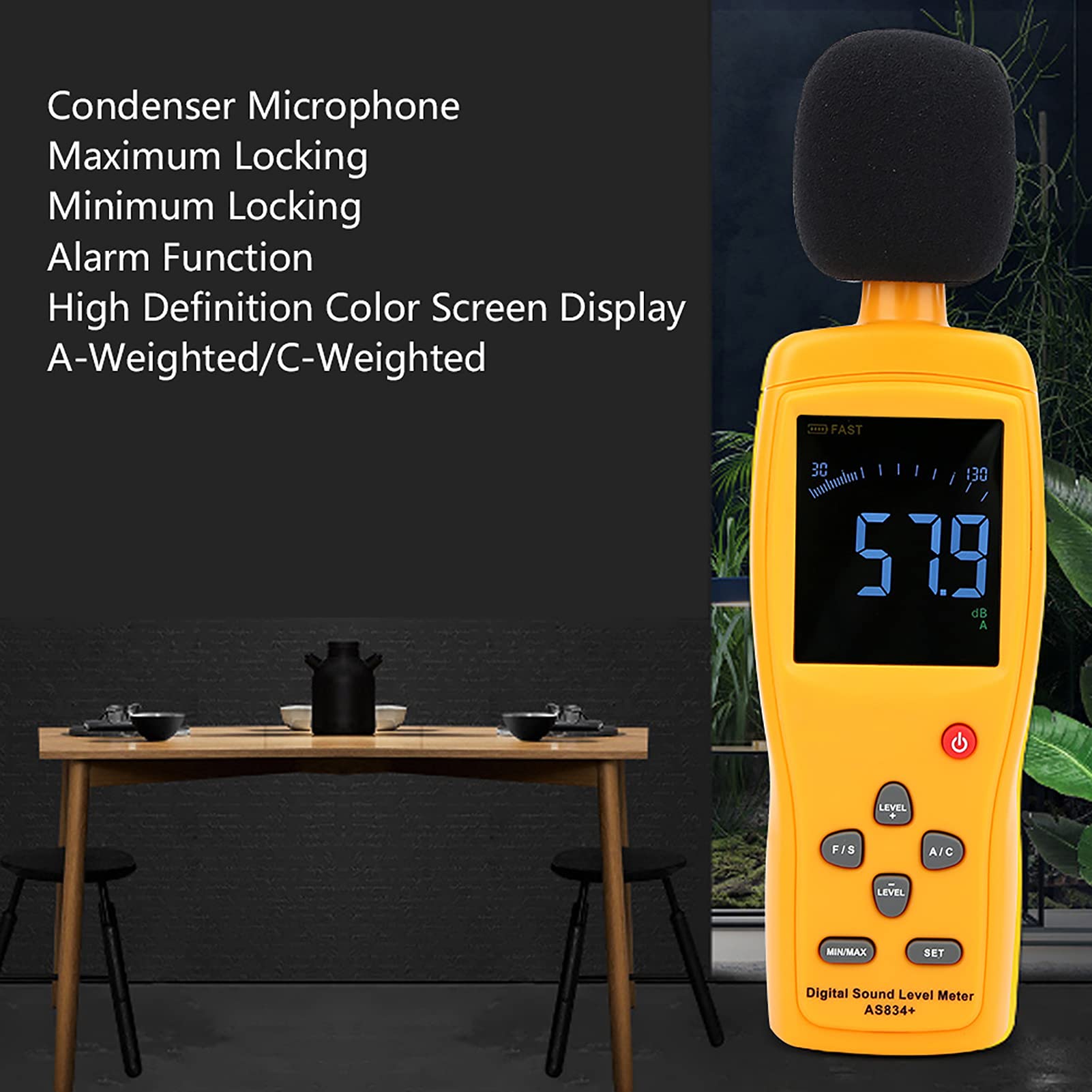 AS834+ Industrial Noise Meter, High Accuracy Decibel Detector with Large LCD Display, Alarm Level Setting for Inspecting Monitoring