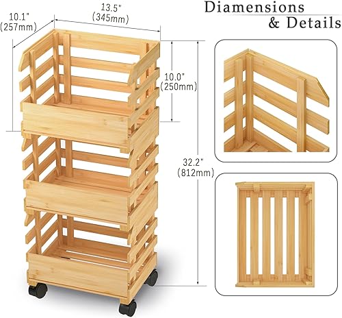 Miniatura 2 de Cesta de frutas para encimera de cocina, cesta de frutas desmontable grande de 3 niveles de bambú para almacenamiento de frutas y verduras,