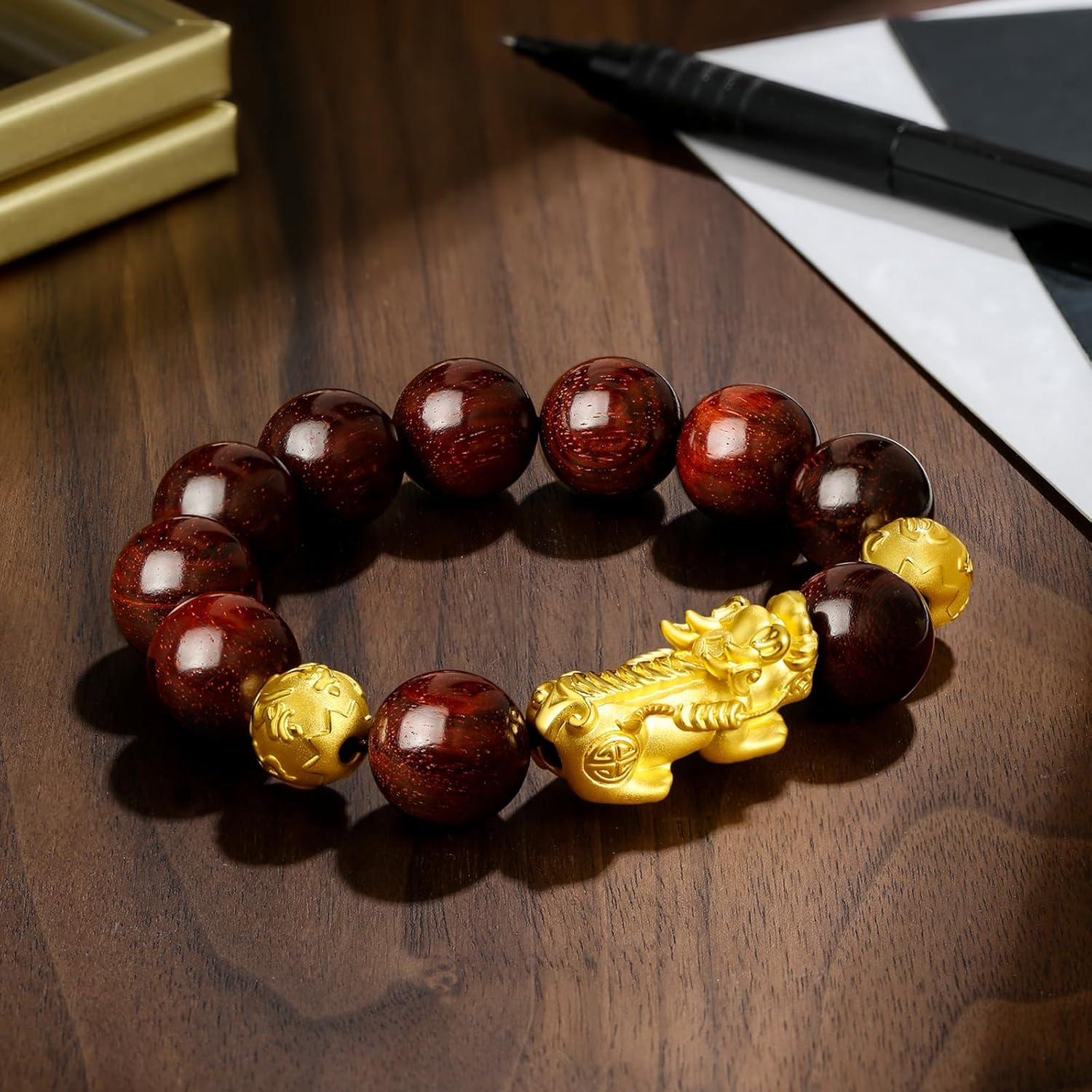 ZHOU LIU FU 24K Solid Gold Bracelet Real Pure Gold Jewelry Pterocarpus Santalinus Gold Pixiu Ball Bracelet for Men Dad Birthday Anniversary ADXY192235