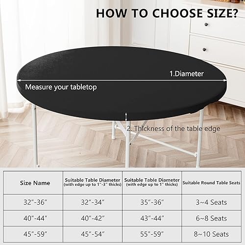 Miniatura 5 de Mantel ajustable negro para mesas redondas, paquete de 2 manteles elásticos reversibles, impermeable, resistente a las manchas, para uso en