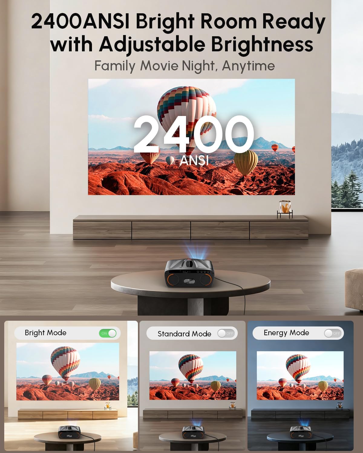 2026 New 4K Ultra Projector Daylight [2400 ANSI Lumens/Dolby 70W Deep Bass/Auto Lens Cap], HDR10+ Outdoor Movie Night Projector AI-ToF Autofocus, Bluetooth WiFi, HDMI Home Theater