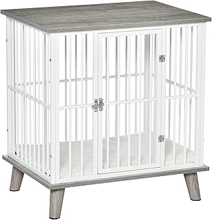 PawHut Dog Crate, Furniture Style Pet Cage Kennel, End Table, Decorative Dog House, with Soft Cushion, Wooden Top, Door, for Small Dogs, Indoor Use, Grey