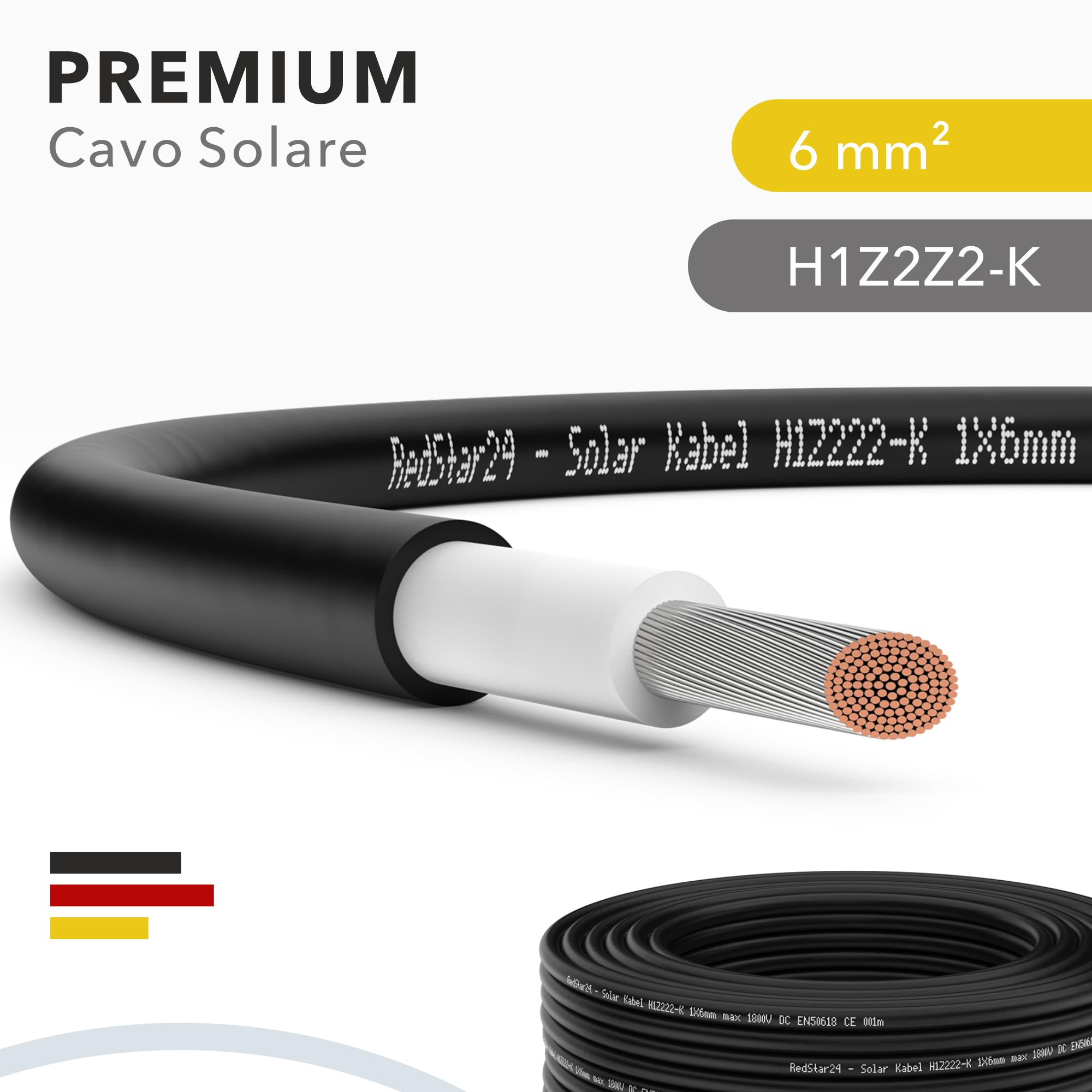 RedStar24 Cavo Solare Premium 6mm² Nero - 10m - Resistente ai UV, Fotovoltaico, per Pannello Solare, Inverter, Regolatore - Alta Performance, Durevole