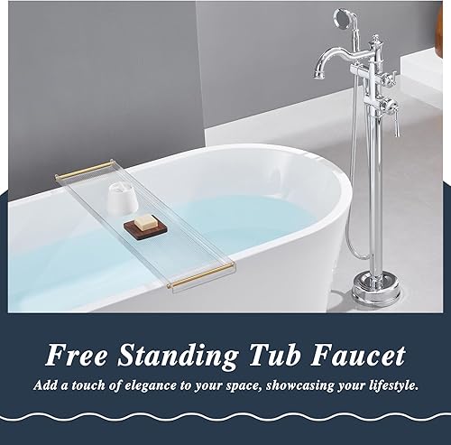 Miniatura 10 de Grifo de bañera independiente, relleno de bañera de cascada, montaje en suelo, grifos de baño de latón con ducha de mano