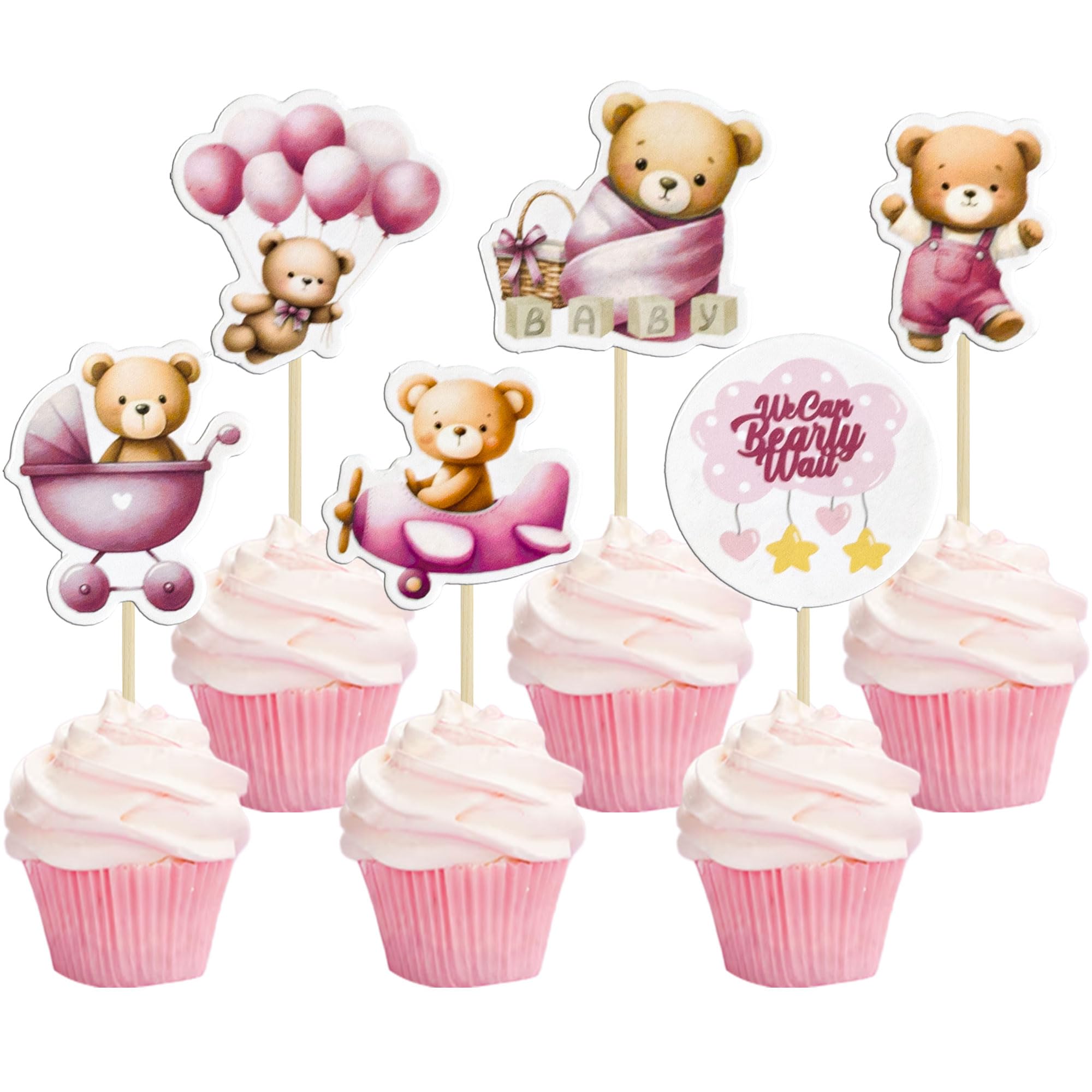 Gyufise 36Pcs Bear Cupcake Toppers Bear Cupcake Picks Baby Carriage Bottle Balloon We can Bearly Wait Cake Decorations for Baby Shower Gender Reveal Kids Birthday Party Supplies Pink Coffee