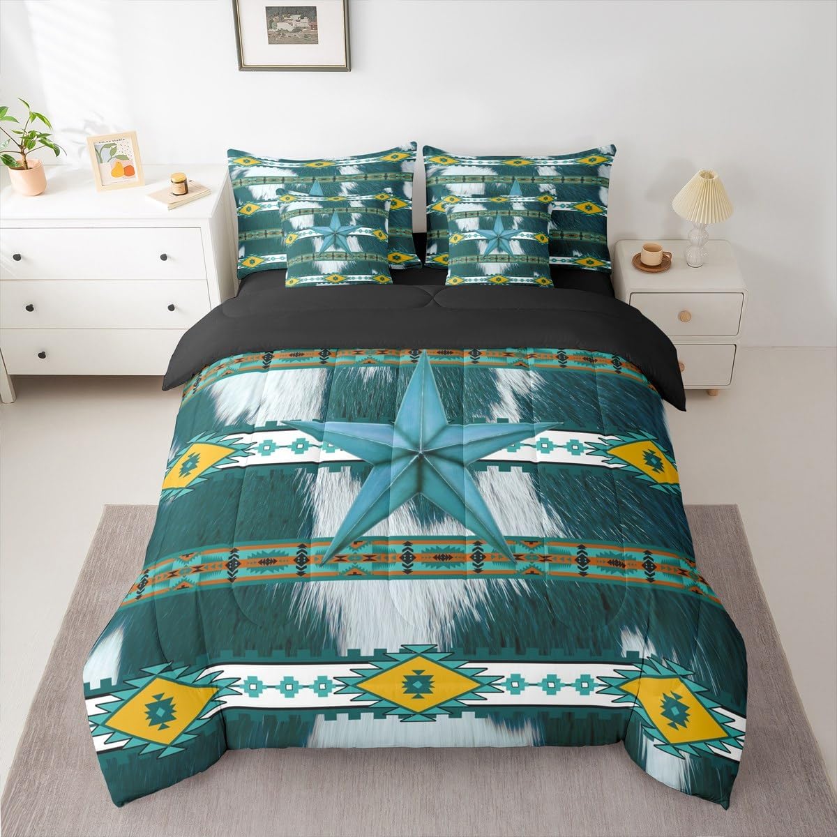 Feelyou Western Decor Comforter Set with Sheets Queen Size Southwestern Native Aztec Bed in a Bag Horse 7 Pieces Bedding Set Retro Exotic Boho Bed Set Room Decor Blue