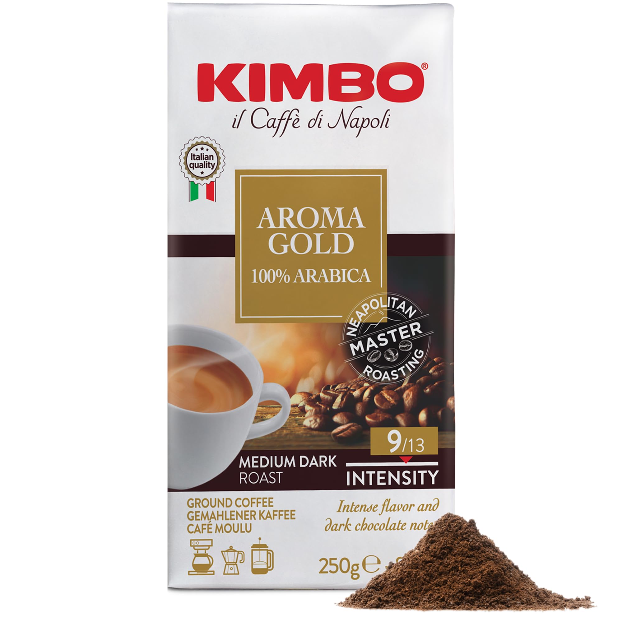 Kimbo Coffee Aroma Gold Ground Coffee, Medium Dark Roast, 250g