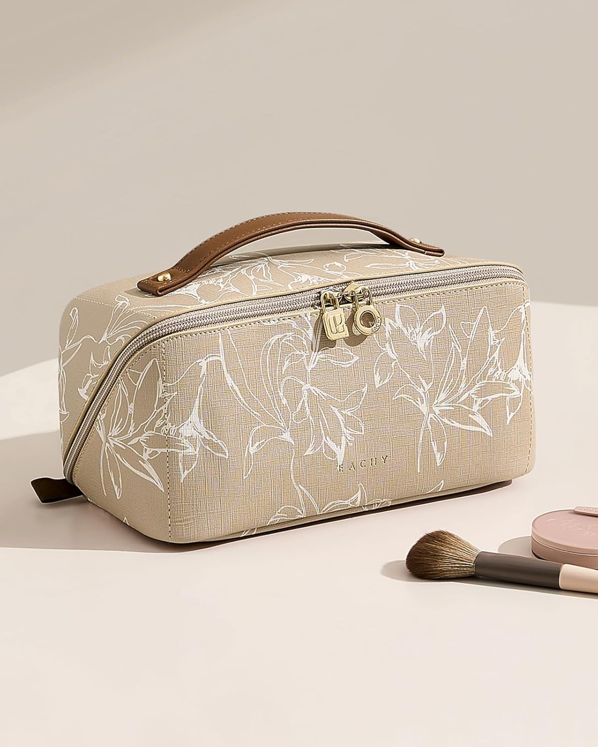 EACHY Travel Makeup Bag, Large Capacity Cosmetic Bags for Women, Waterproof Portable Pouch Open Flat Toiletry Bag Pattern Makeup Bag (F-Brown) - Image 7