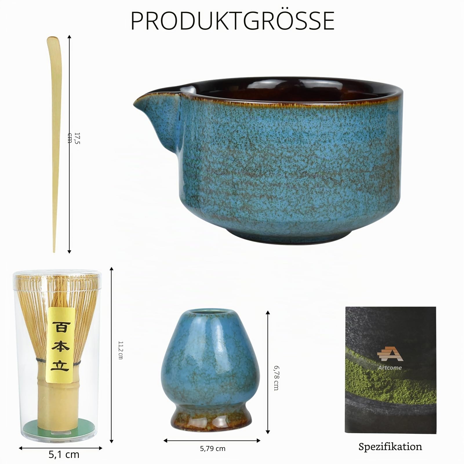 Artcome 4-teiliges komplettes Matcha-Teezeremonie-Set für japanische Teezeremonie, Schüssel mit Ausgießer, Schneebesen, Schneebesenhalter, Teeschaufel, Matcha-Teeset für die Herstellung von Usucha