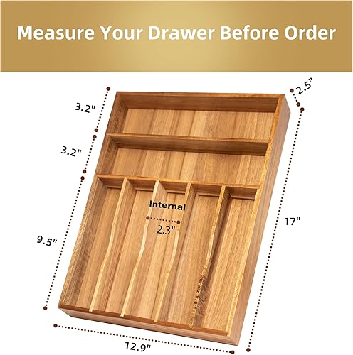 Miniatura 2 de Organizador de cubiertos de cocina, organizador de utensilios de acacia, organizador de cubiertos en cajón, bandeja organizadora de cubiertos (7