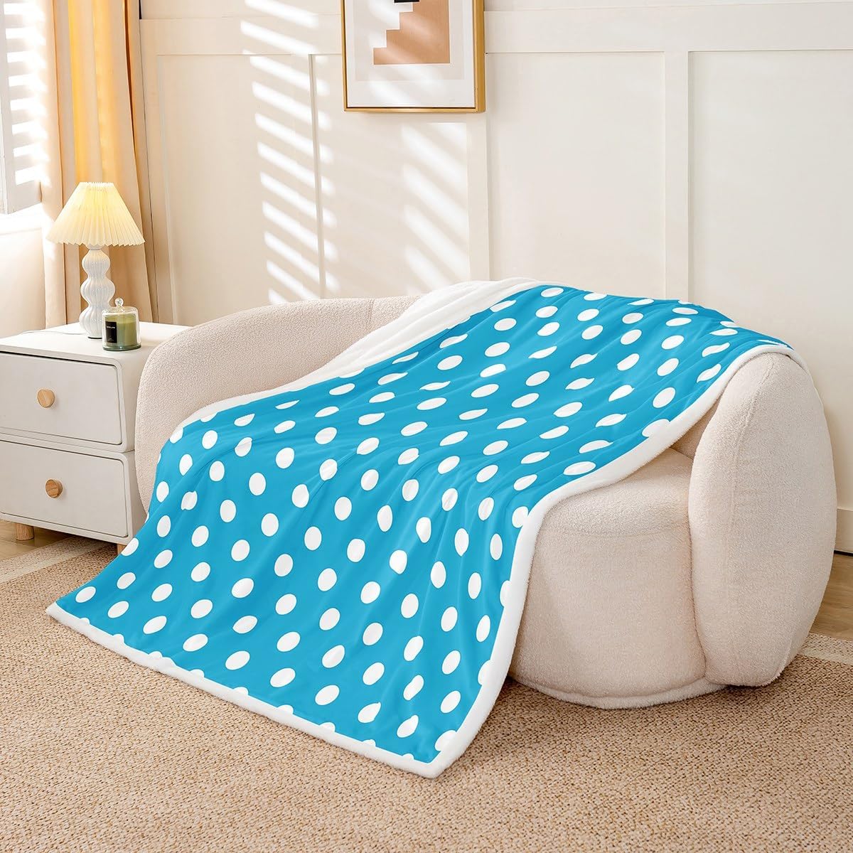 Polka Dots Bed Blankets,Modern Geometric Circles Abstract Simple Art Flannel Blanket,Cartoon French Style Dots Blue White Fleece Blanket for Kids Adults,Super Soft,Twin 60"x80"