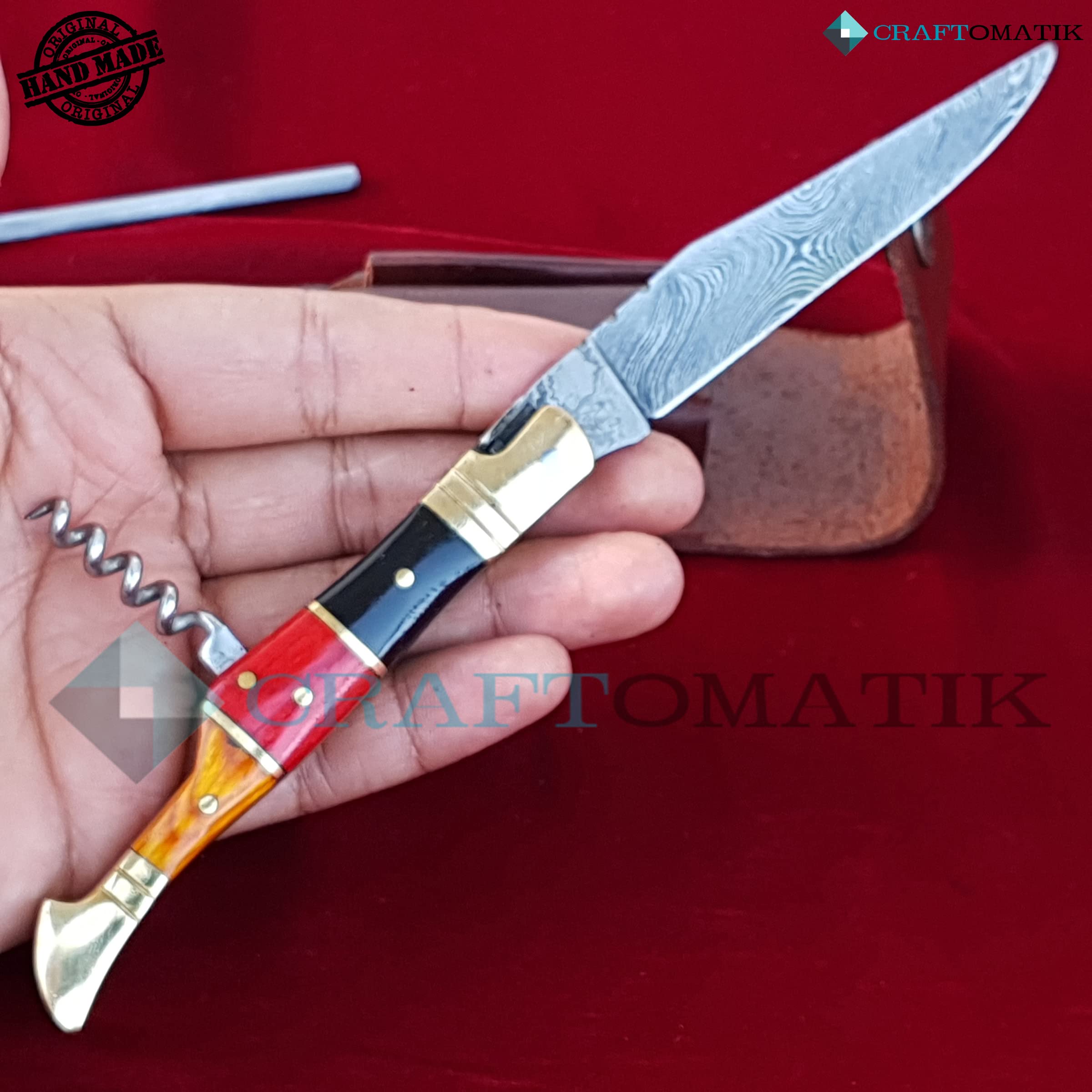 Damast Stahl Taschenmesser | Klappmesser Laguiole | Deutsche Flagge, Holz und Messing Griff mit Korkenzieher | Handgefertigt Outdoor Damastmesser Camping Messer | FK26