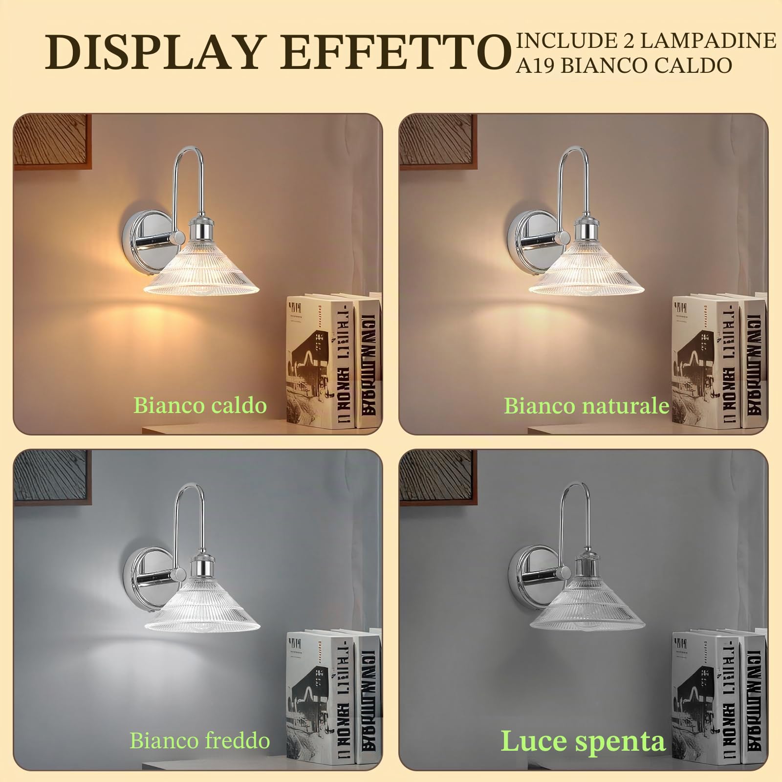 Applique a Parete Set di 2, Lampada Vintage Cromo con Paralume Rotondo in Vetro Trasparente, Plafoniera da Incasso per Camera, Bagno, Soggiorno | Include 2 Lampadine LED