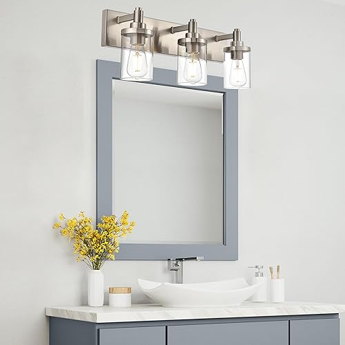 Miniatura 3 de TULUCE Modernas luces de tocador de baño, 3 luces, aplique de pared, base E26, níquel cepillado, lámpara de pared industrial con pantalla de vidrio