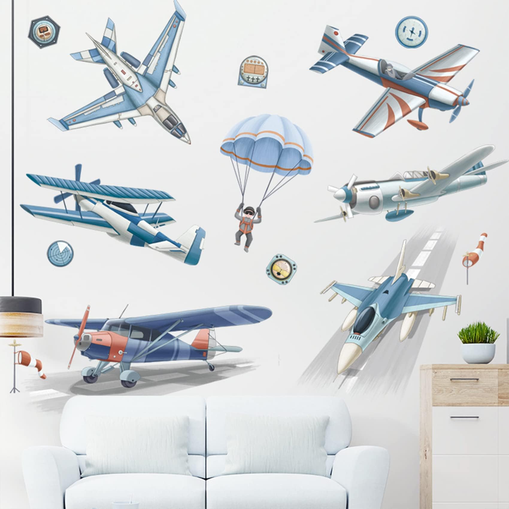 Watercolor Airplane Wall Stickers Airplanes Parachute Astronaut Wall Decals, Planes Wall Art Wallpaper Baby Nursery Kids Bedroom Wall Decor