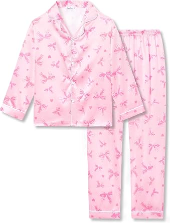 Beezizac Silky Satin Pajama Long Sleeves Set For Little & Big Girls Trendy Button 2-Piece Outfit Kid Sleepwear Size 6-16