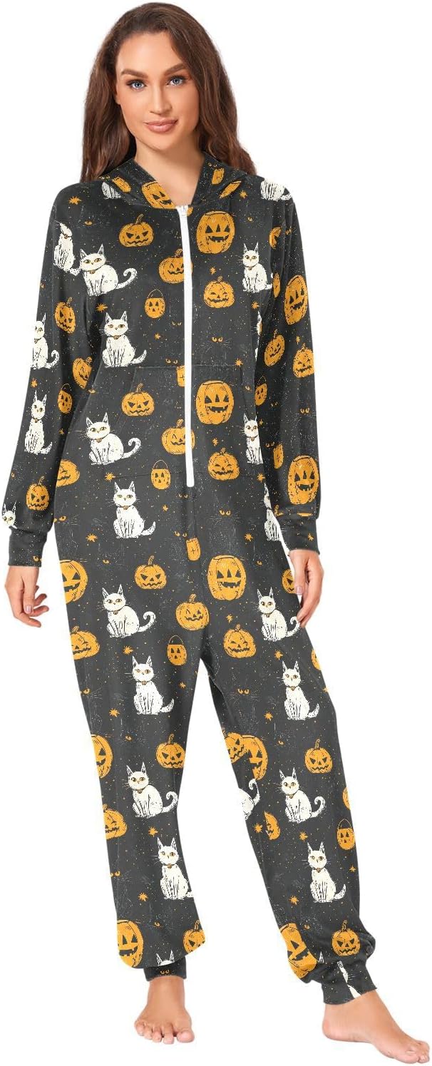 Pumpkin Black White Cat Zipper Hooded Adult Jumpsuit Pajamas with Pockets XS-3XL