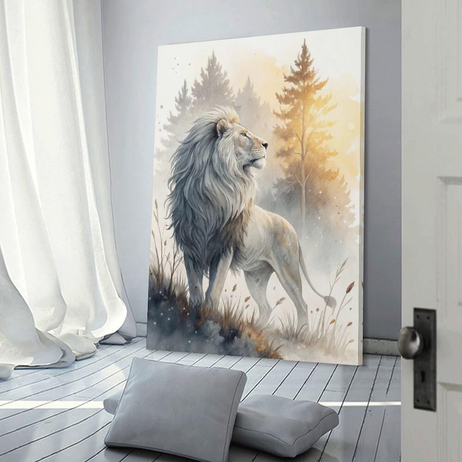 Junmoney Majestic White Lion in Misty Forest Room Decor Wall Art 24x36inch(60x90cm), for Bedroom, Guest Room Or Reading Nook, An Easy Wall Refresh for Bedrooms