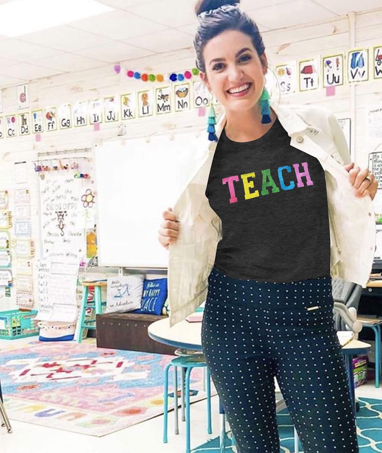 Teacher Shirts Women Teach Sequin Letter Printed Shirt Teacher Life Tee Last Day of School Casual Top - Image 4