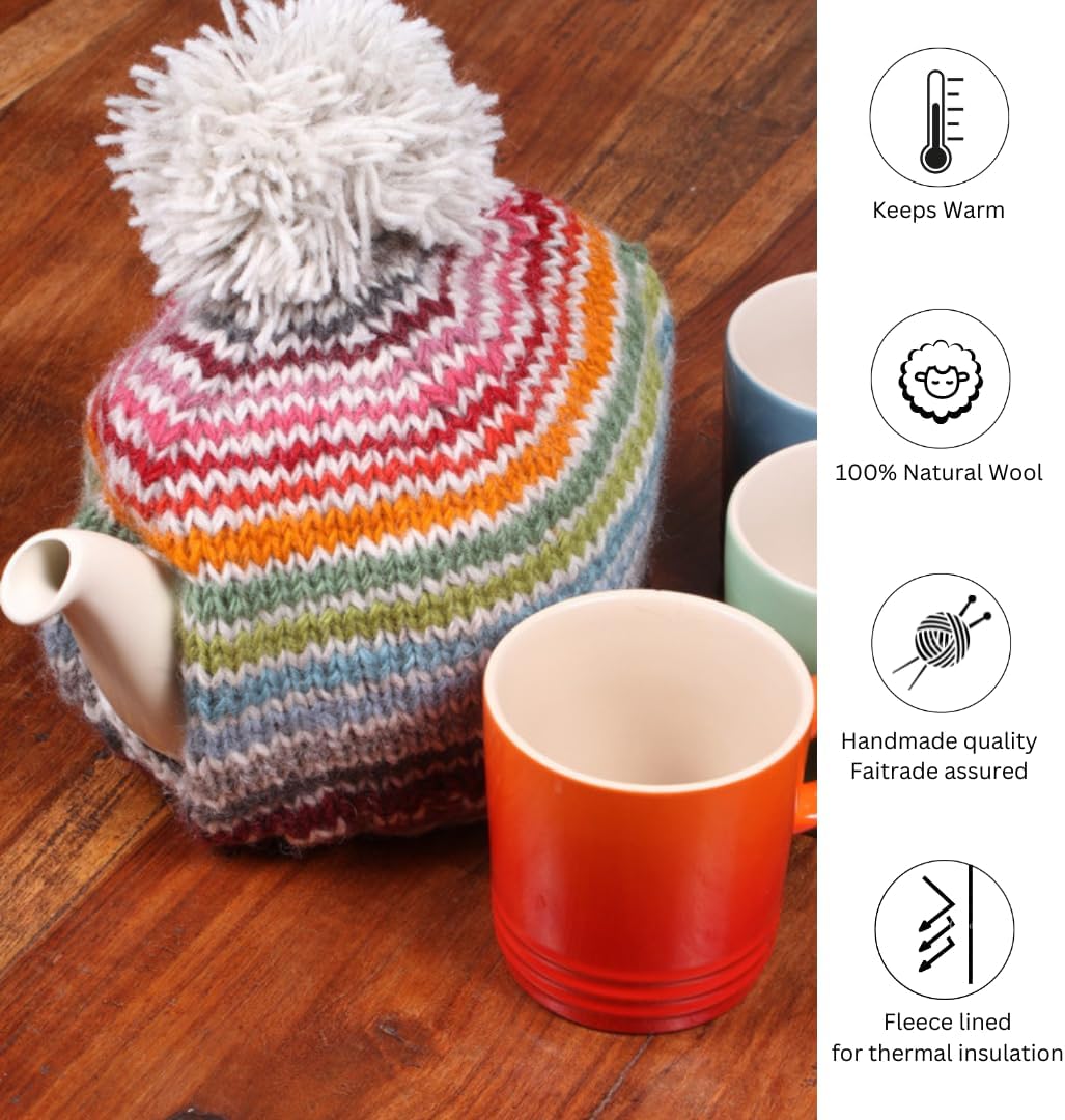 Pachamama Handknitted Medium 4-6 Cup 1.2L Wool Tea Cosy Teapot Cover - Multicoloured Stripe Insulated Handmade Fair Trade Oatmeal