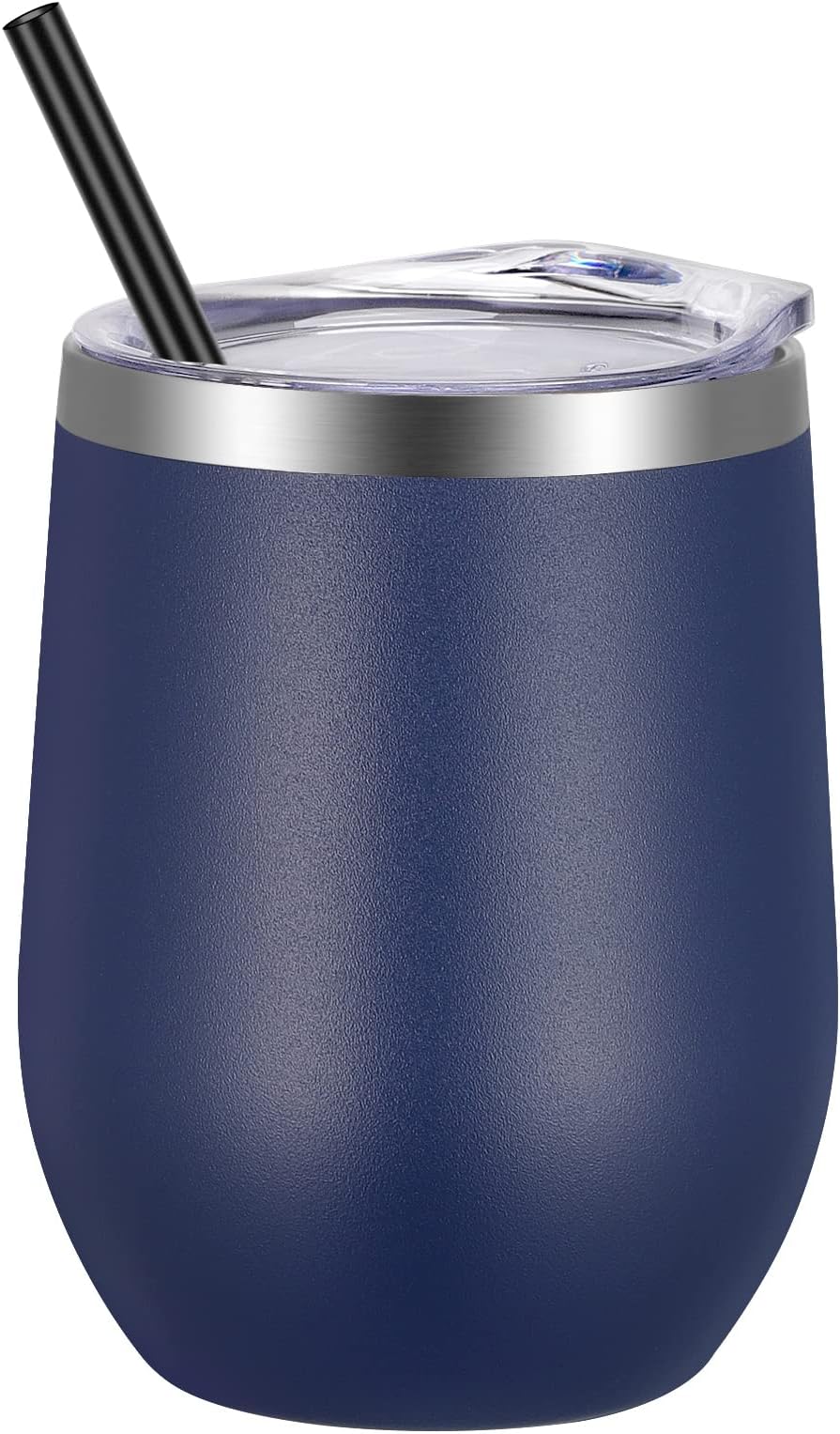 12oz Stainless Steel Wine Tumbler with Lid and Straw, Double Wall Vacuum Insulated Stemless Wine Glass Tumbler Cup, Coffee Mug for Cold Hot Drinks
